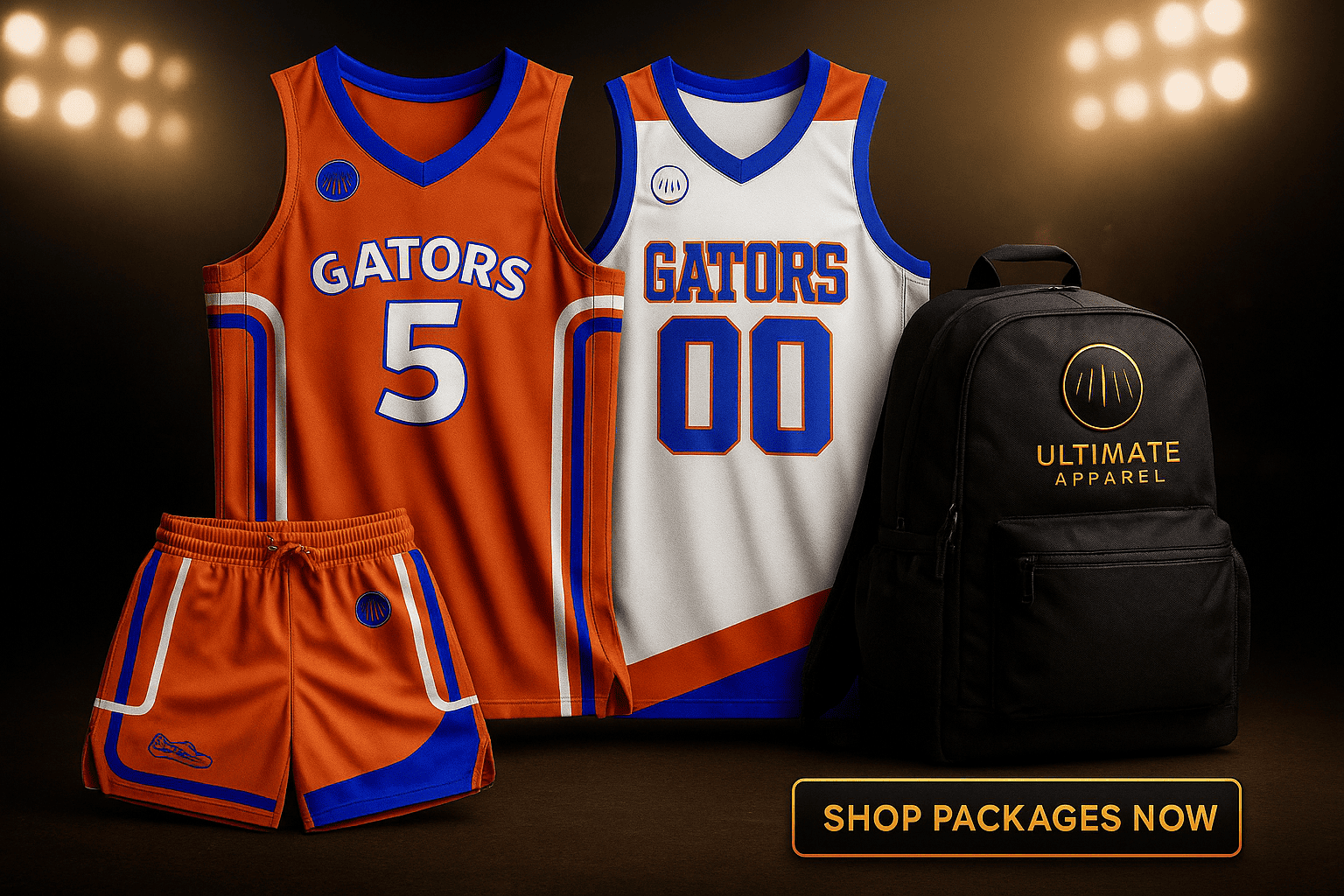Uniforms, travel suit and backpack bundle under stadium lights